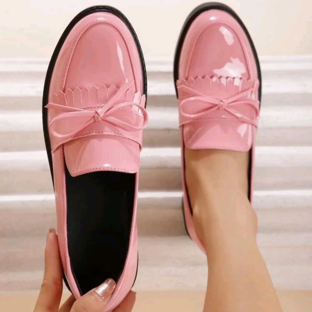 Bow Decor Fringe Trim Slip-On Flat Loafers, Pink Preppy Style Solid Color Loafer - Picture 1 of 5